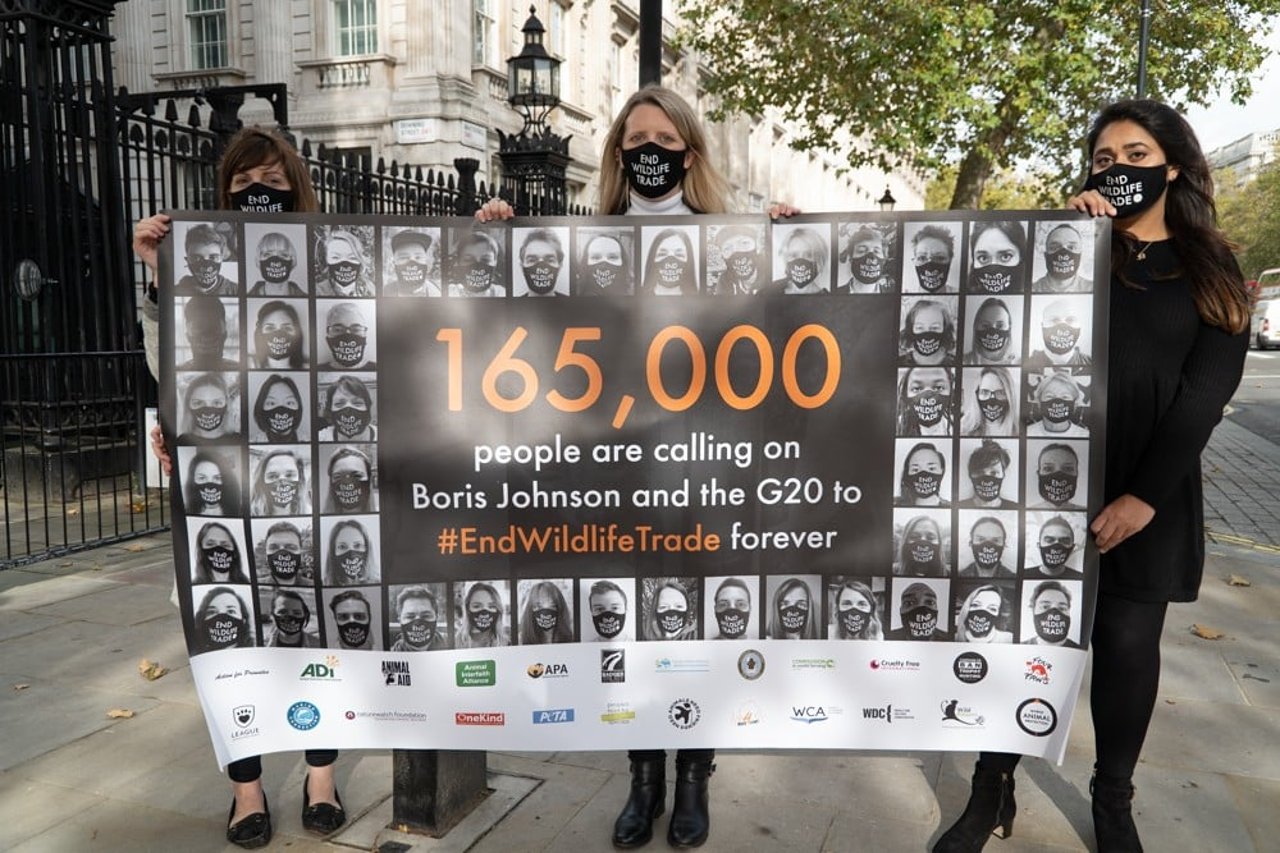 Campaigners holding End Wildlife Trade sign outside Downing Street, London