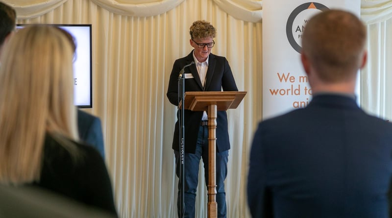 Tricia Croasdell speaks at the parliamentary reception for banning the use of antibiotics on factory farms in the UK.