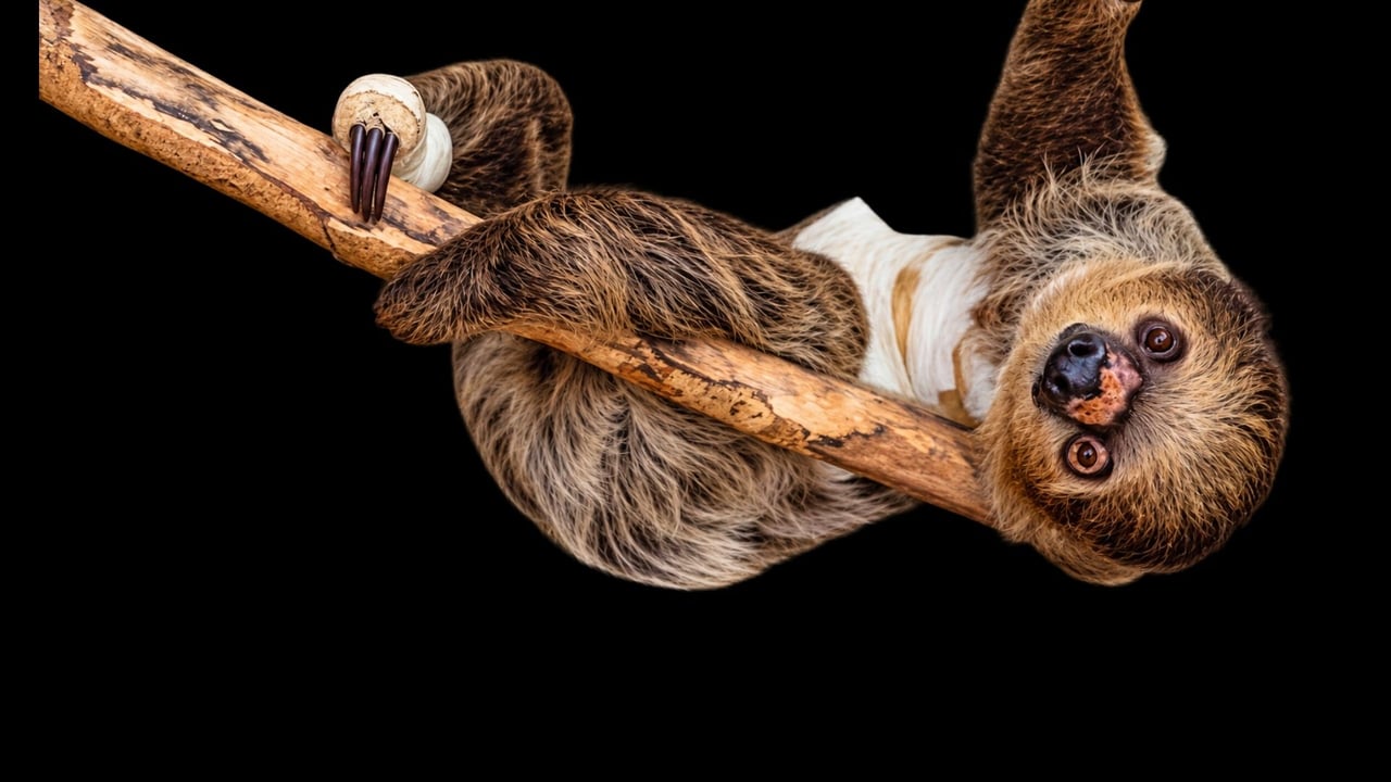 A sloth with a bandage around its body is holding onto a branch upside down and looking straight at the camera.