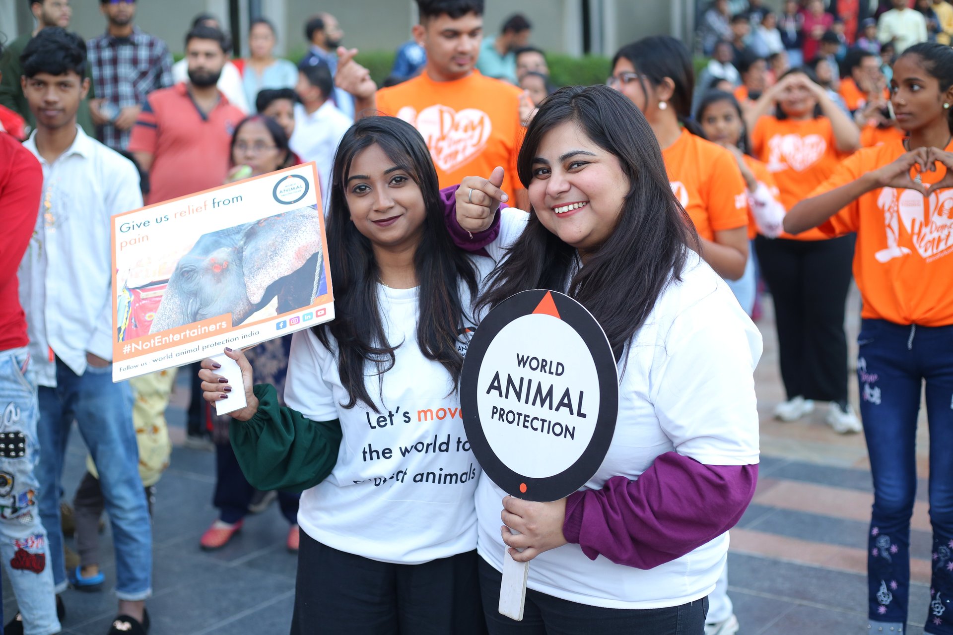 Two women are in a crowd, wearing World Animal Protection T-shirts and are holding up branded placards.