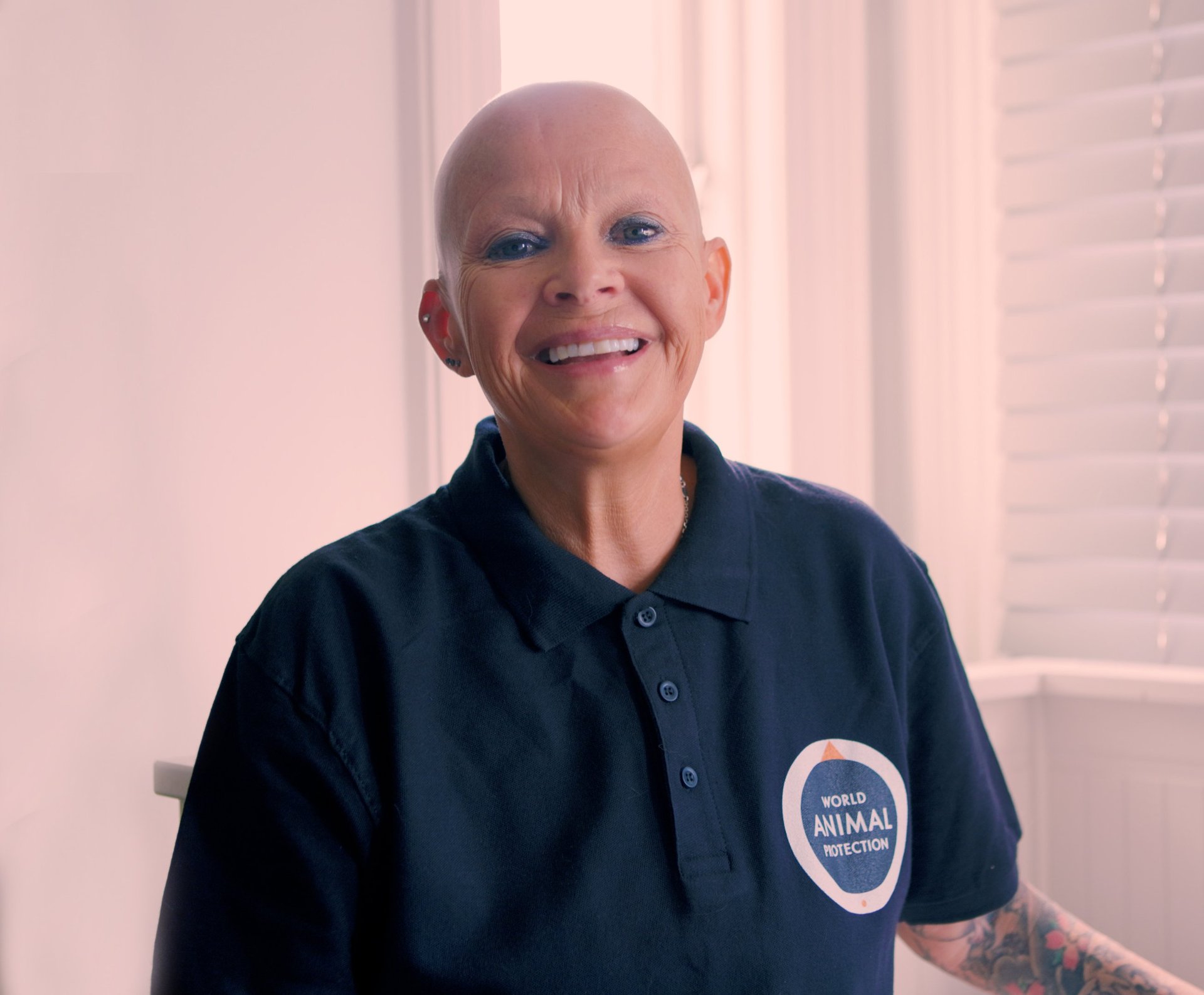 BAFTA Award-winning broadcaster Gail Porter wearing a black World Animal Protection t-shirt.