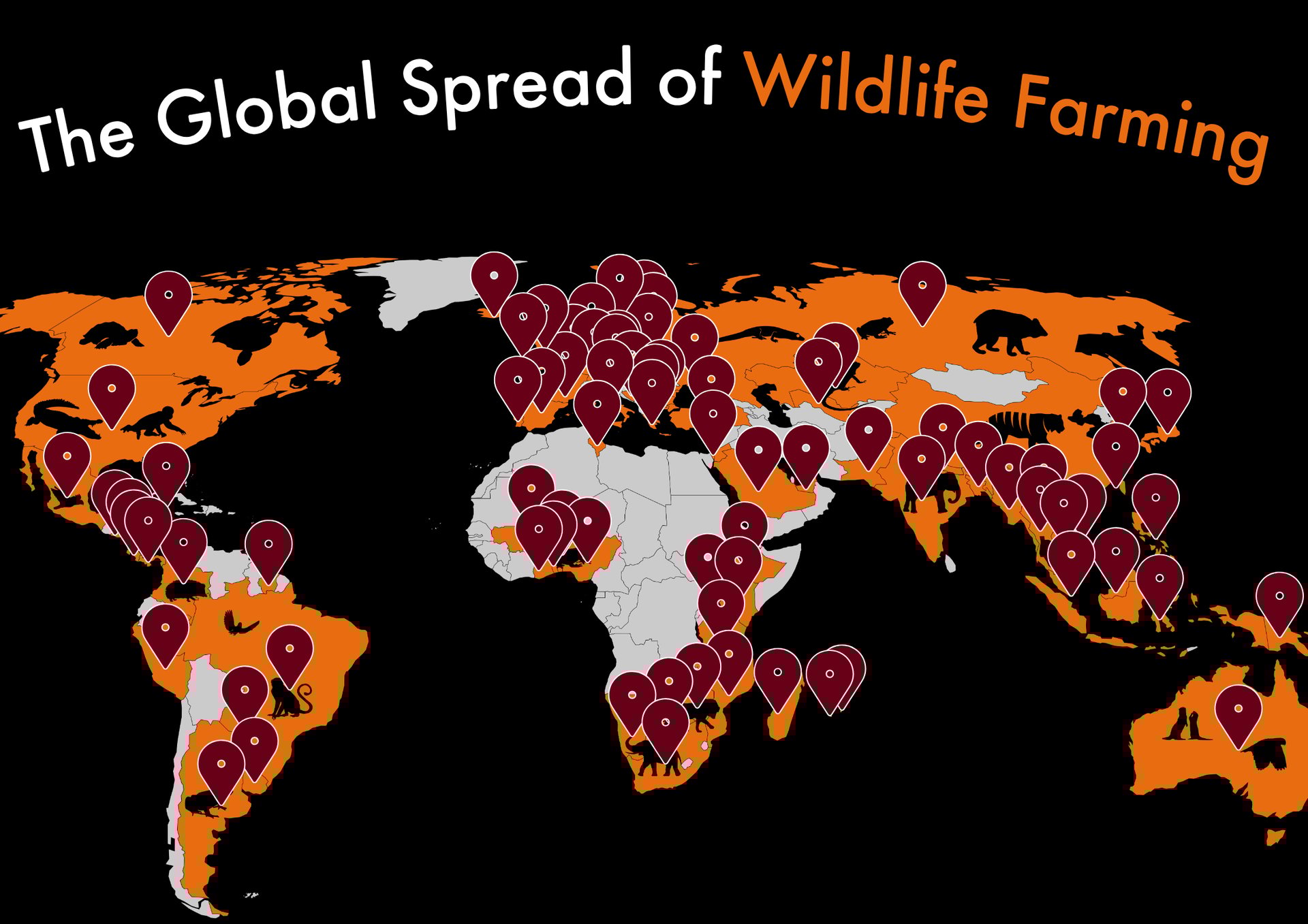 A world map depicting the global spread of wildlife farming