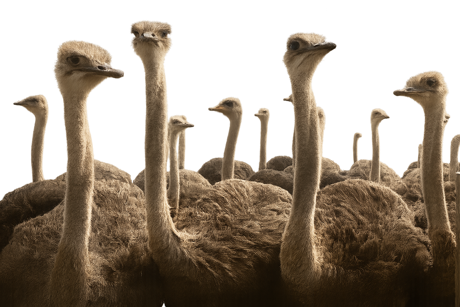 A group of ostriches stand closely together. Their long necks stretch upward.