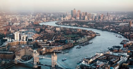 A skyline shot of the River Thames in London, United Kingdom.