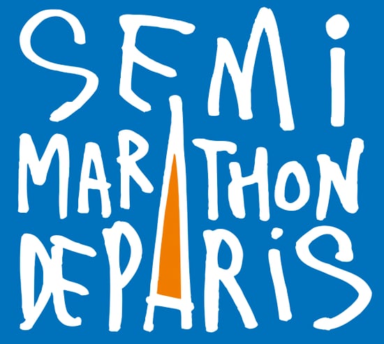 Logo for the semi-marathon in Paris, featuring playful lettering and an illustration of the Eiffel Tower in orange on a blue background.